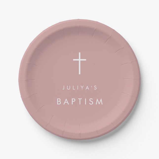 Cross dusty pink baby girl  Baptism  Paper Plate (Front)