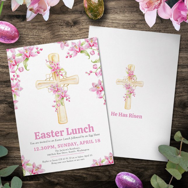 Cross Easter Lunch pink orchid floral Invitation (Creator Uploaded)
