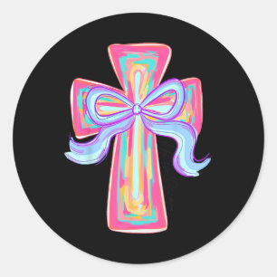 Cross Easter Pink Brushstroke He Is Risen Coquette Classic Round Sticker