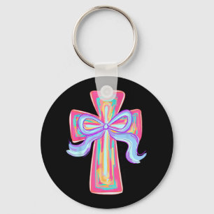 Cross Easter Pink Brushstroke He Is Risen Coquette Key Ring