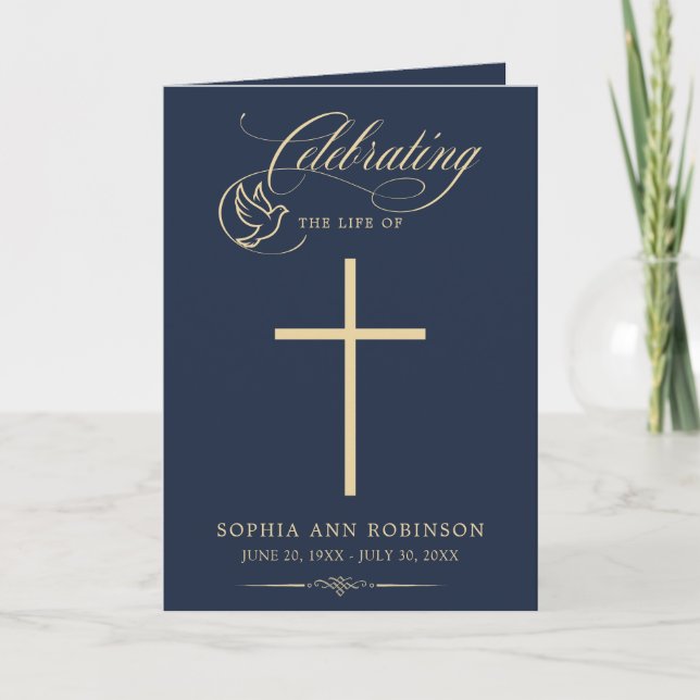 Cross Elegant Gold Script Blue Funeral Program Card (Front)