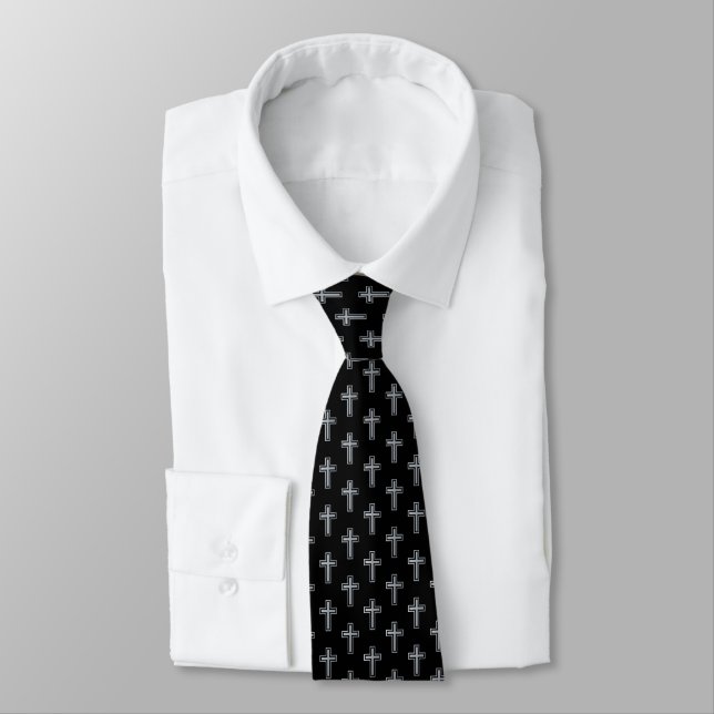 Cross Faux Silver Black 1st Communion Confirmation Tie (Tied)