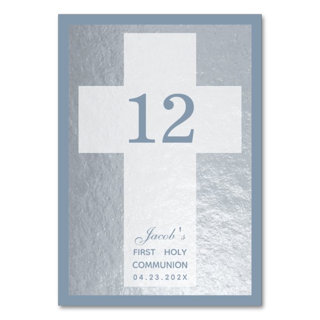 Cross First Communion Faux Silver Dusty Blue Boy  Table Number (Front)