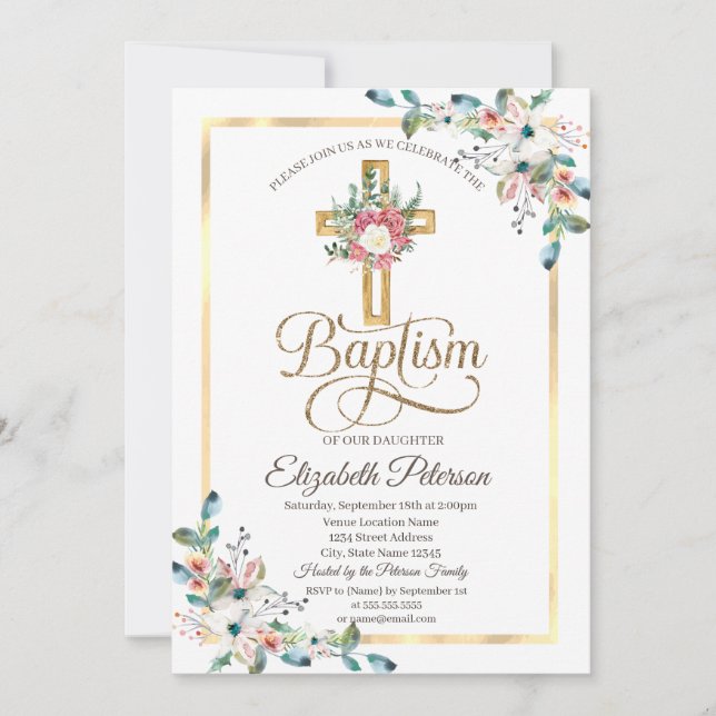 Cross Floral Roses Frame Baptism Invitation (Front)