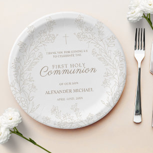 Cross Floral  Thank You First Holy Communion Paper Plate