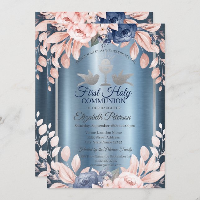 Cross Flowers First Blue Metallic Holy Communion   Invitation (Front/Back)