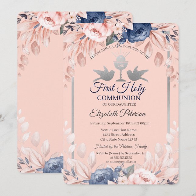 Cross Flowers First Holy Communion  Invitation (Front/Back)