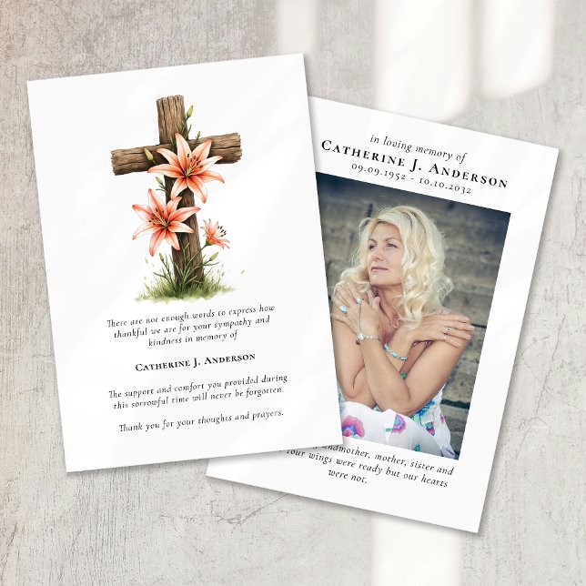 Cross Flowers Photo Sympathy Funeral Memorial Thank You Card (Creator Uploaded)
