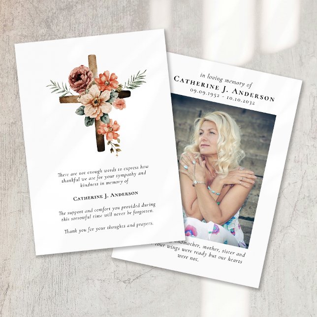 Cross Flowers Photo Sympathy Funeral Memorial Thank You Card (Creator Uploaded)