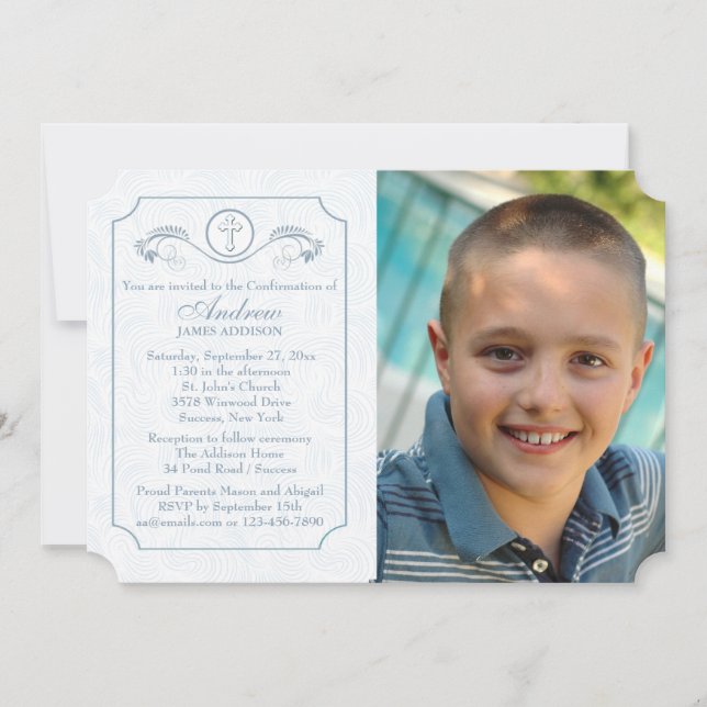 Cross Focus Blue Photo Religious Invitation (Front)