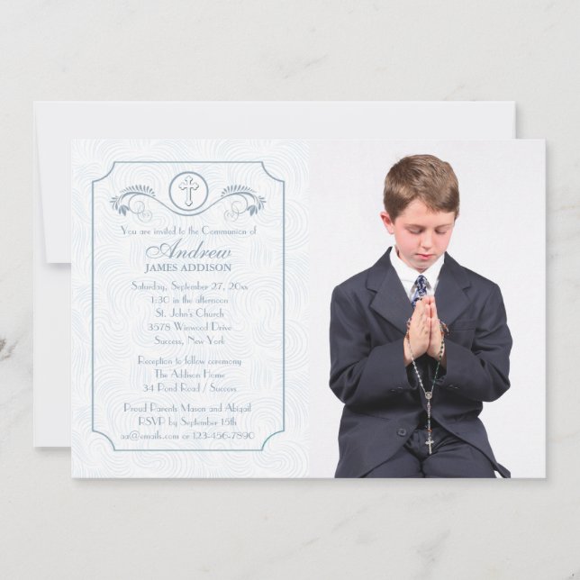Cross Focus Blue Photo Religious Invitation (Front)