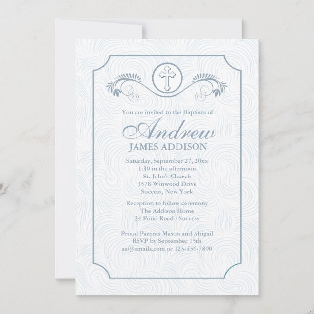 Cross Focus Blue Religious Invitation (Front)