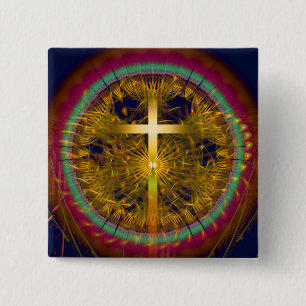 Cross fractal art round composition 15 cm square badge