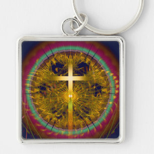 Cross fractal art round composition key ring