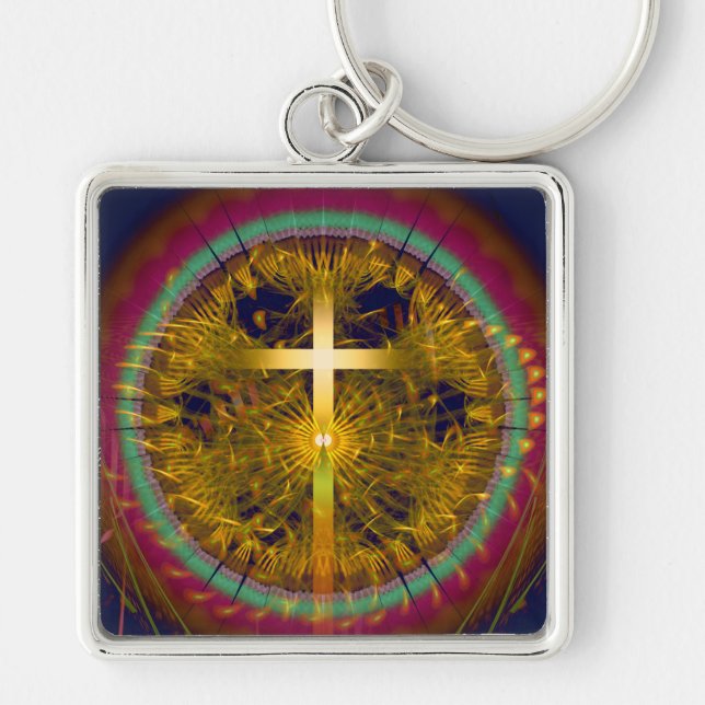 Cross fractal art round composition key ring (Front)