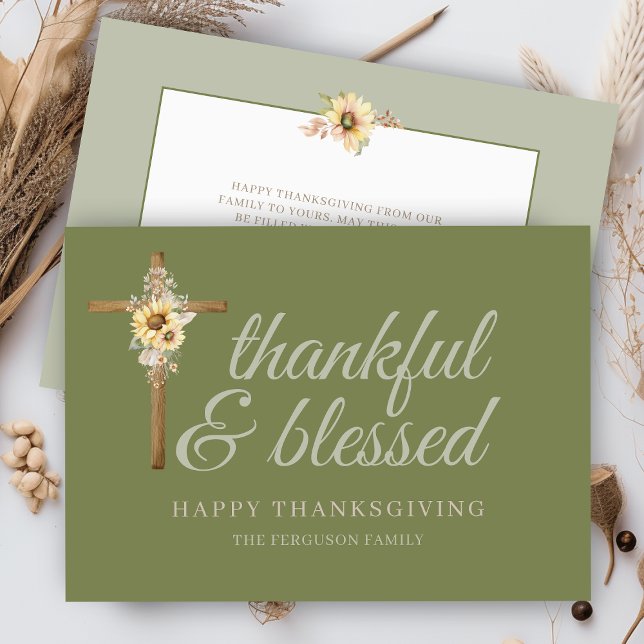 Cross Green Thankful and Blessed Thanksgiving Holiday Card (elegant modern thankful and blessed wooden cross happy thanksgiving card for religious christians)