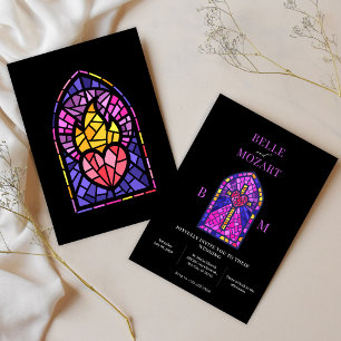 Cross heart stained glass art wedding  invitation