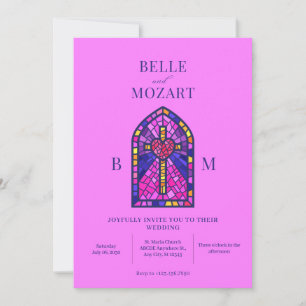 Cross heart stained glass art wedding invitation