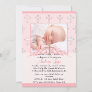 Cross & Hearts Photo Christening Inviation Invitation