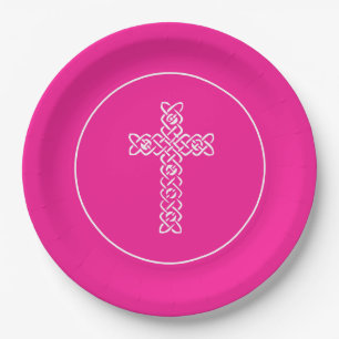Cross Hot Pink Communion Baptism Christening Paper Plate