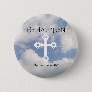 Cross in Cloudy Sky With Resurrection Bible Verse  6 Cm Round Badge