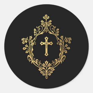 Cross in Crest Black Faux Gold Religious Christian Classic Round Sticker
