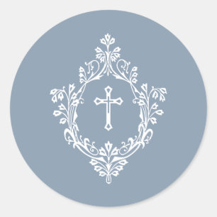 Cross in Crest Dusty Blue White Elegant Vintage Classic Round Sticker