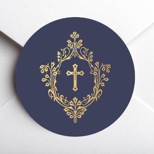 Cross in Crest Navy Blue Faux Gold Vintage Elegant Classic Round Sticker