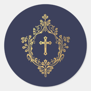 Cross in Crest Navy Blue Faux Gold Vintage Elegant Classic Round Sticker