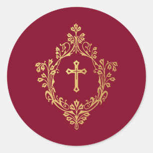 Cross in Crest Red Faux Gold Foil Vintage Burgundy Classic Round Sticker