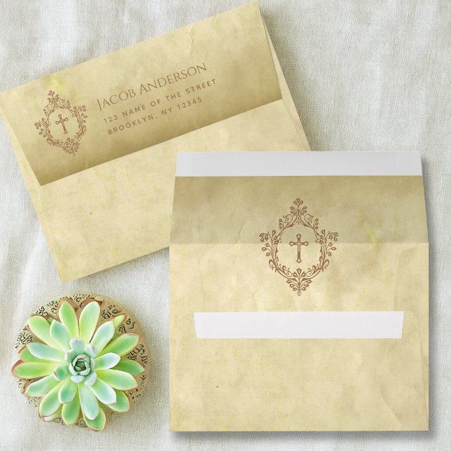 Cross in Crest Vintage Antique Parchment Religious Envelope (Creator Uploaded)