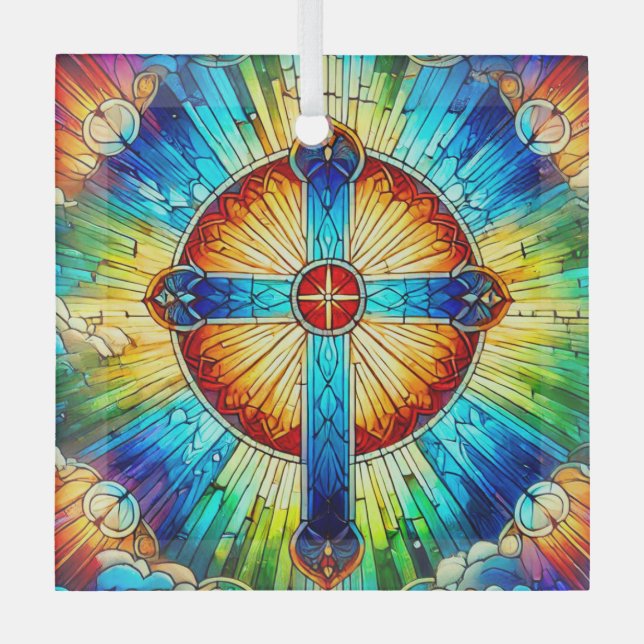 Cross in Stained Glass Design Ornament Suncatcher (Front)