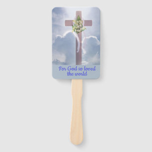 Cross in the Clouds with White Flowers, Christian Hand Fan