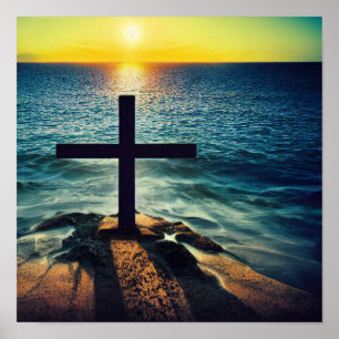 Cross in the Sand at Sunset Poster