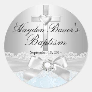 Cross & Lace Bow Blue Baptism Sticker