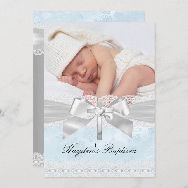 Cross Lace Bow Blue Photo Baptism Invitation (Front/Back)