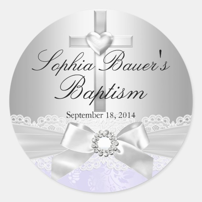 Cross & Lace Bow Purple Baptism Sticker (Front)