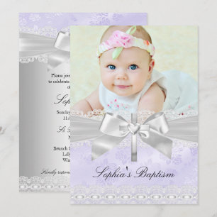 Cross Lace Bow Purple Photo Baptism Invitation