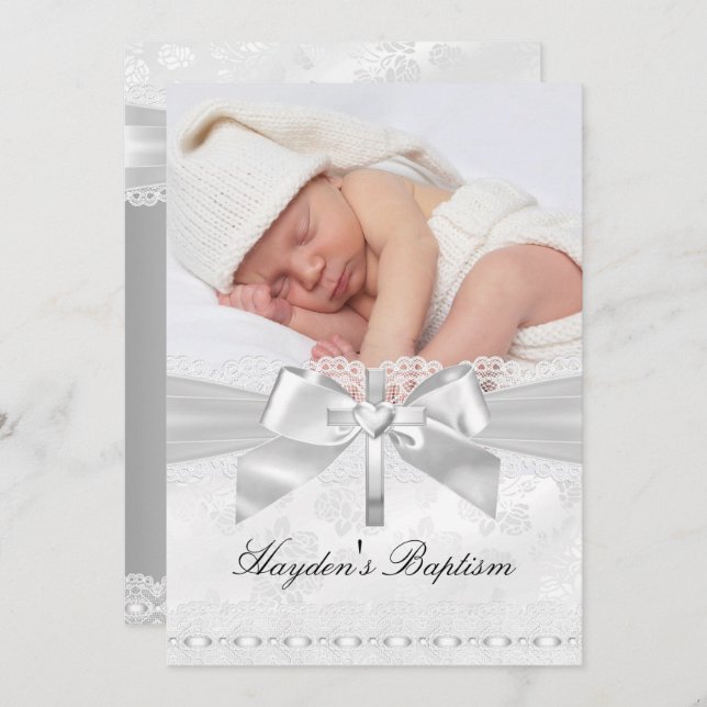 Cross & Lace Bow Silver Photo Baptism Invitation (Front/Back)