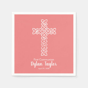 Cross Light Coral Communion Baptism Christening Napkin