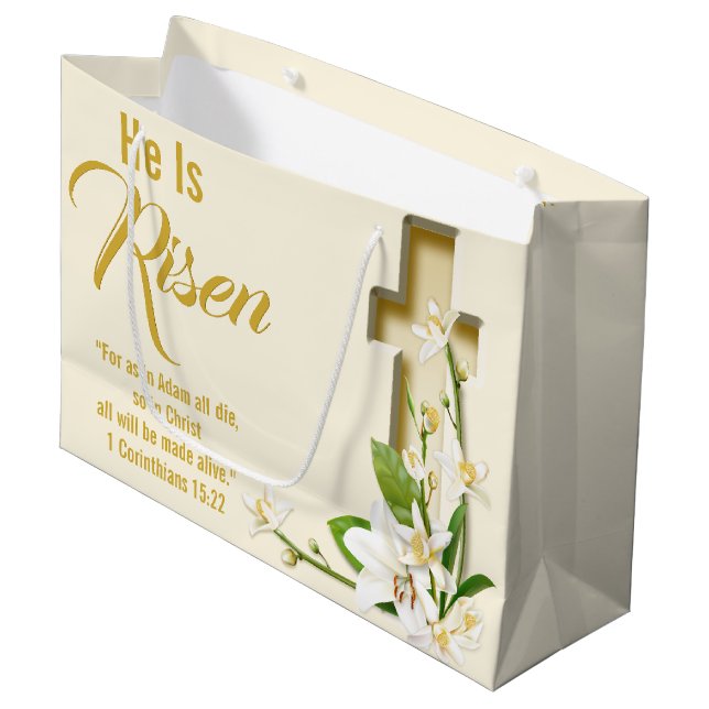 Cross Lily Easter Scripture Large Gift Bag (Front Angled)