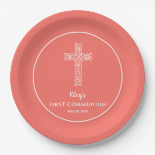 Cross Living Coral Communion Baptism Christening Paper Plate