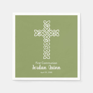 Cross   Moss Green Communion Baptism Christening Napkin