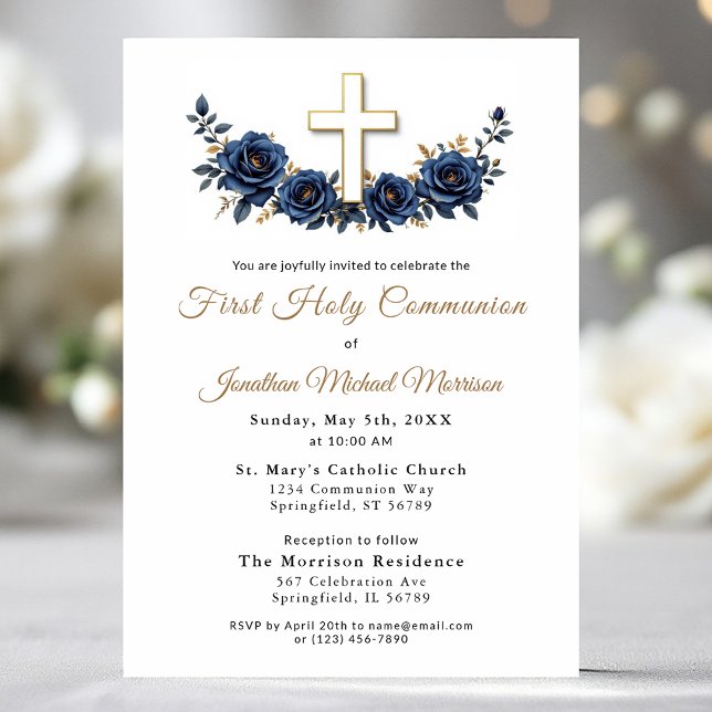 Cross Navy Blue Gold Floral First Communion Invitation (Creator Uploaded)