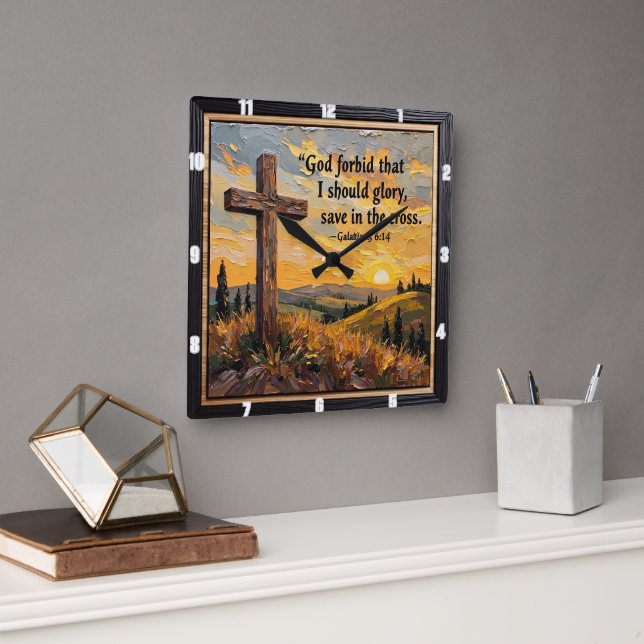 Cross of Light: Sunset Glory Square Wall Clock (Office)