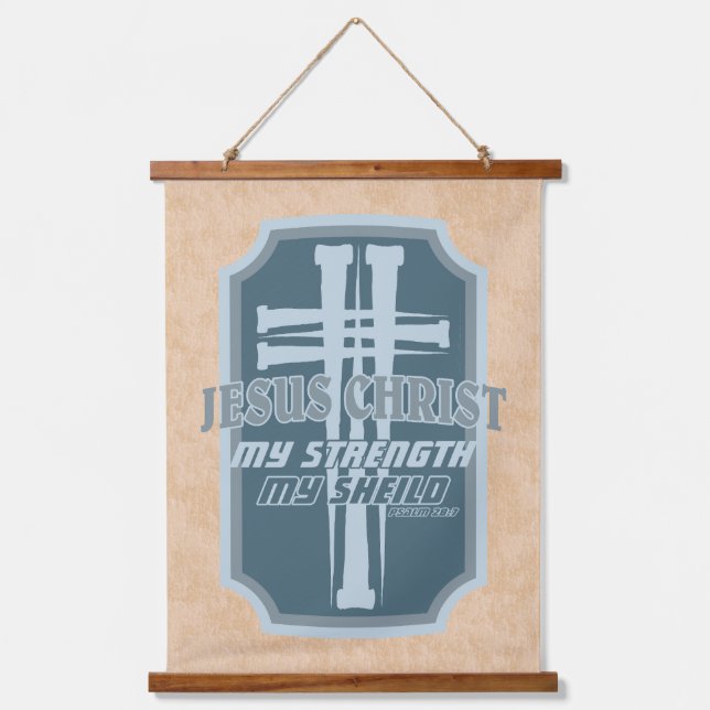Cross of Nails on Shield Psalm 28:7 Bible Design Hanging Tapestry (Front)