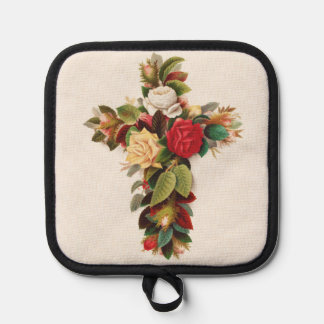 Cross of roses, Victorian era illustration Pot Holder