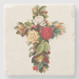 Cross of roses, Victorian era illustration Stone Coaster