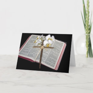 Cross On Bible With Orchids Holiday Card