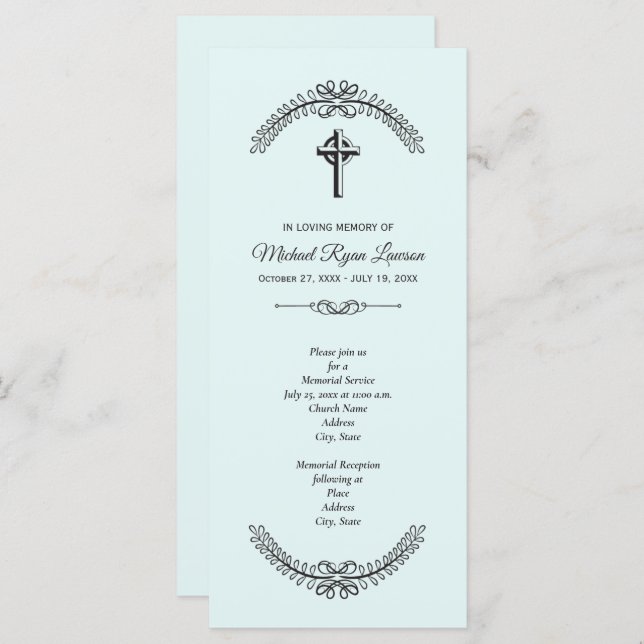 Cross on Blue Funeral Memorial Service Invitations (Front/Back)